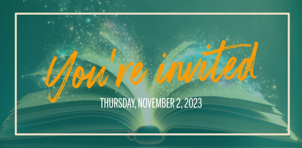 You're Invited text overlaid on an open book with sparkles and light coming out.