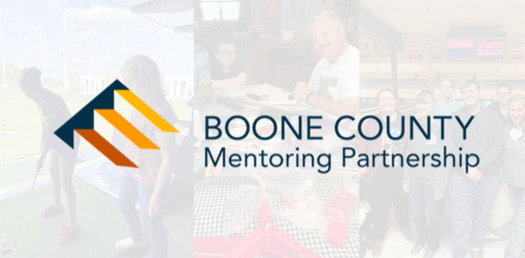 Boone County Mentoring Partnership logo on a collage of 3 photos of kids and adults doing crafts, golfing, and bowling