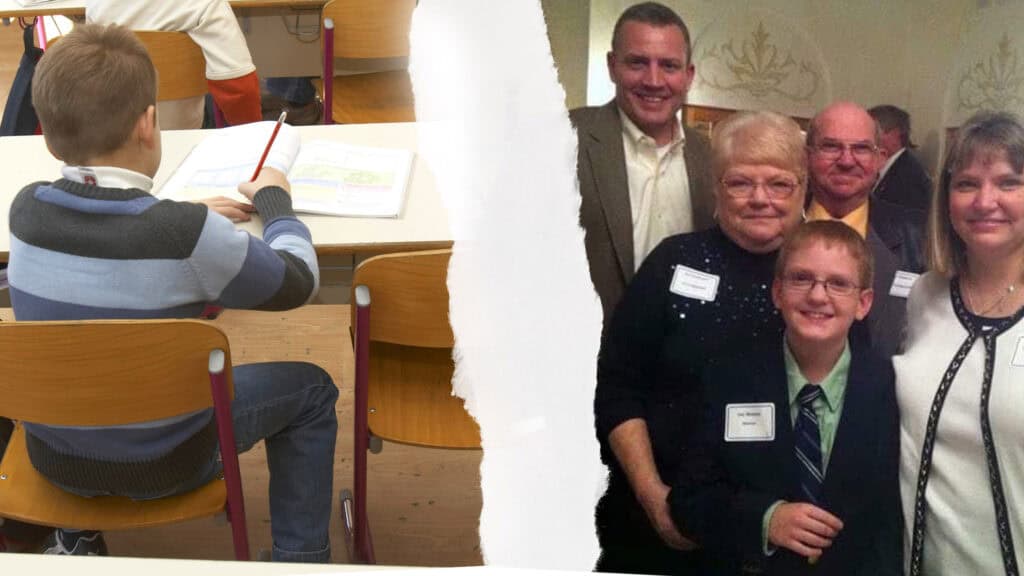 A torn gap appears between a lone student at a desk and a young man with a group of mentors.
