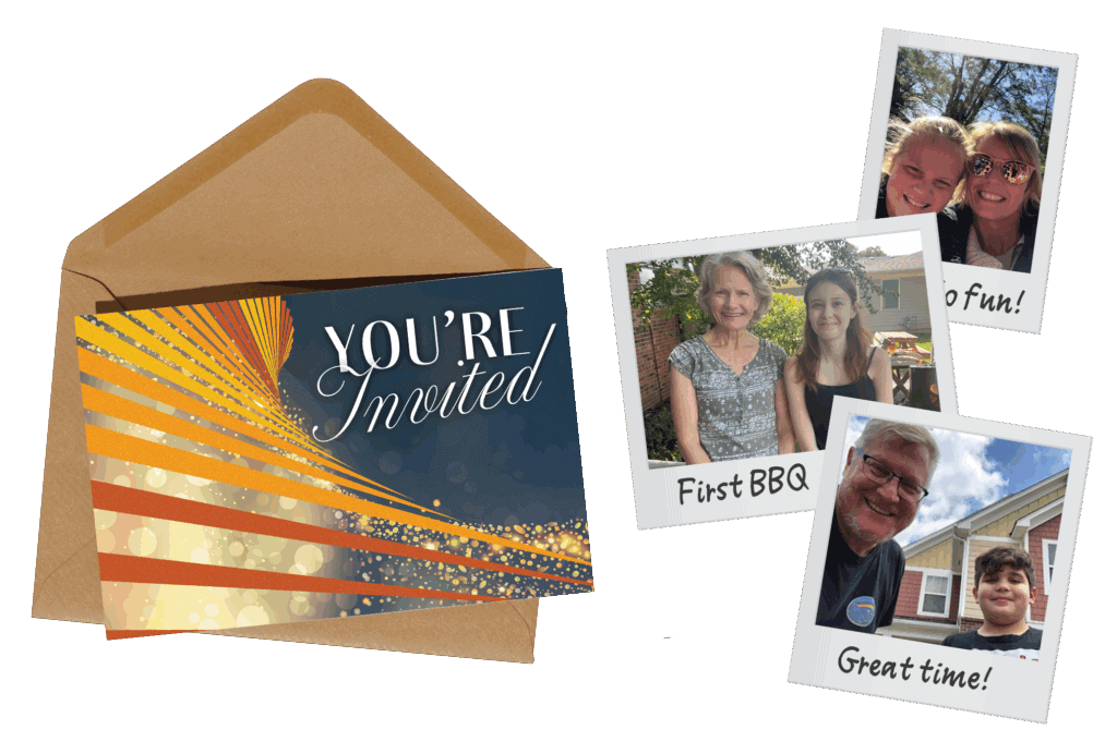 You're invited envelope with a collage of photo prints.