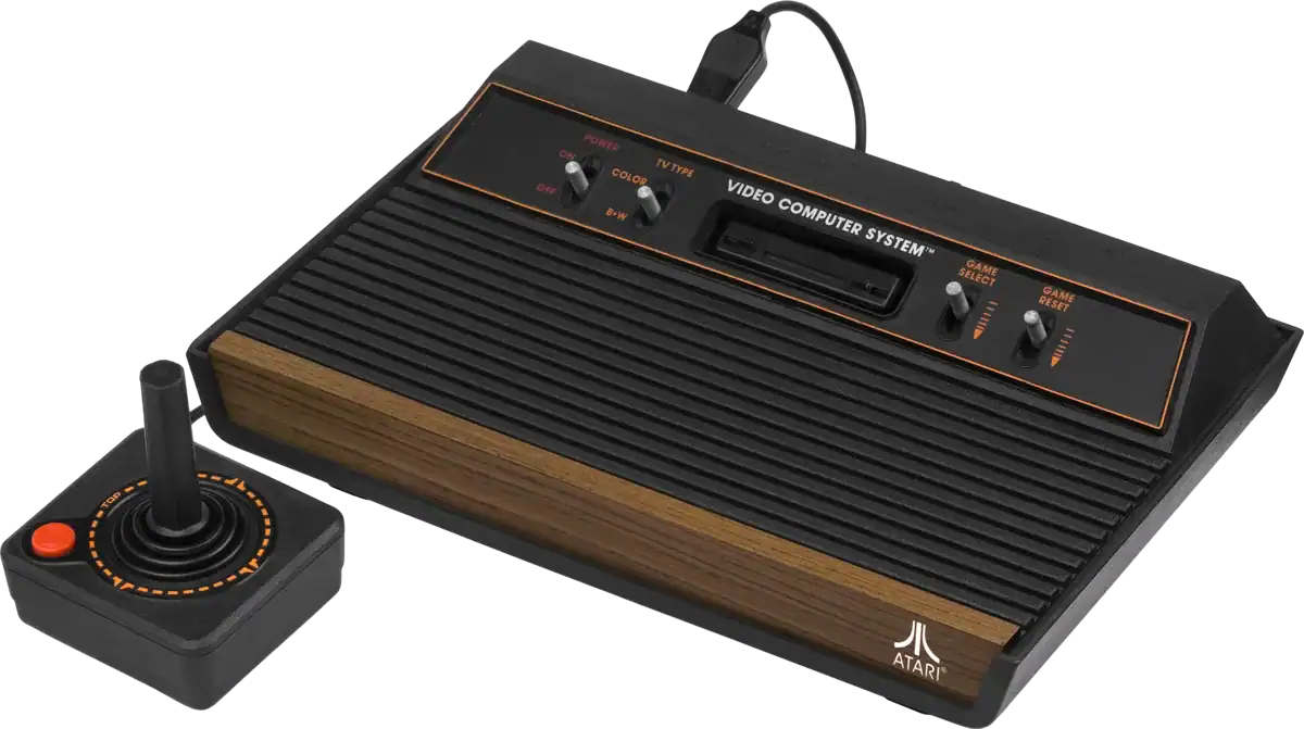 A wood-grain Atari 2600 console with joystick