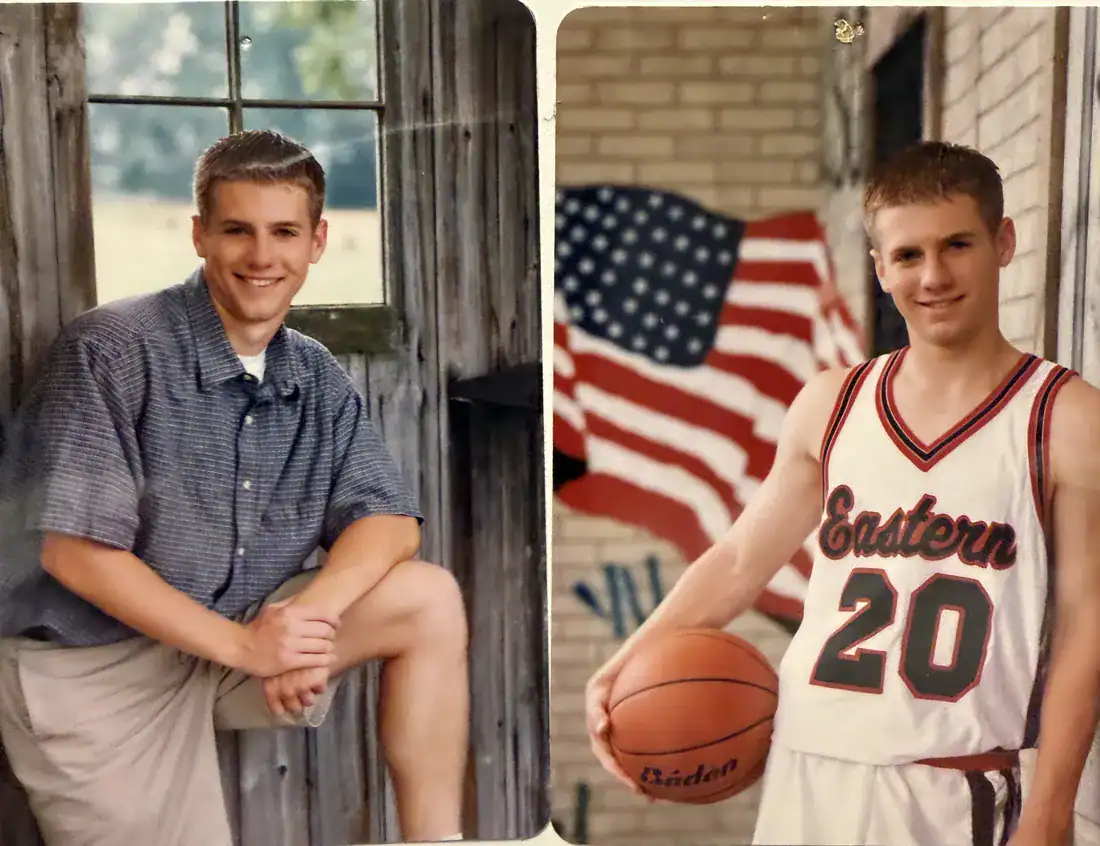 Matt in two senior pictures, one in his number 20 basketball jersey